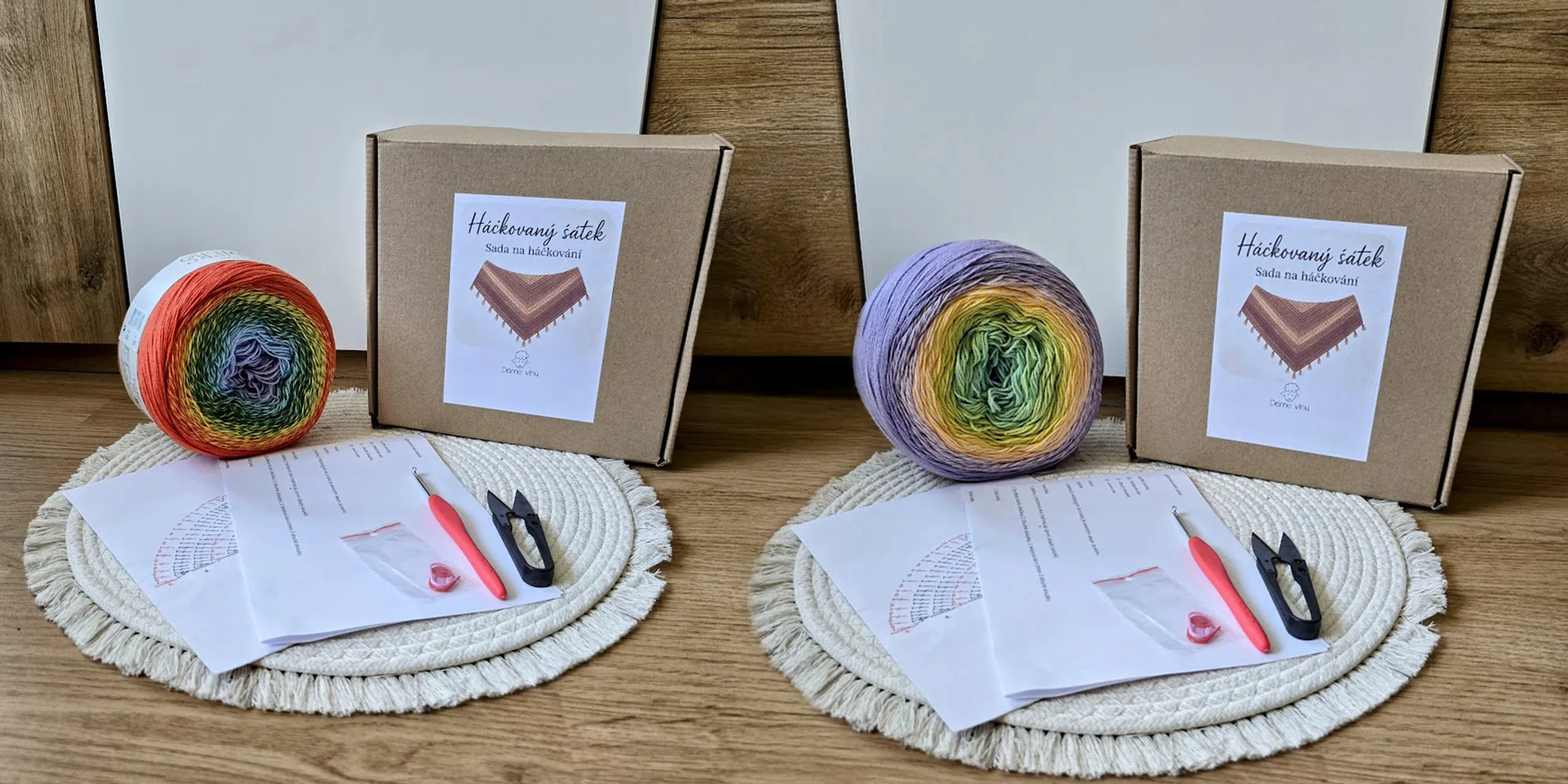 Set na výrobu háčkovaného šátku: příze, háček i návod