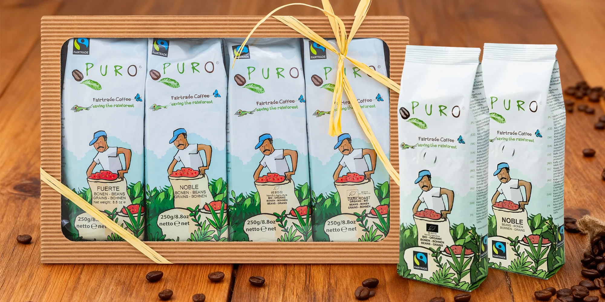 Balení fair trade kávy: zrnková, instantní i bez kofeinu
