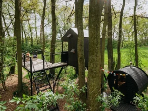 Kouzelný pobyt v treehouse až pro 4 osoby i venkovní sudová sauna